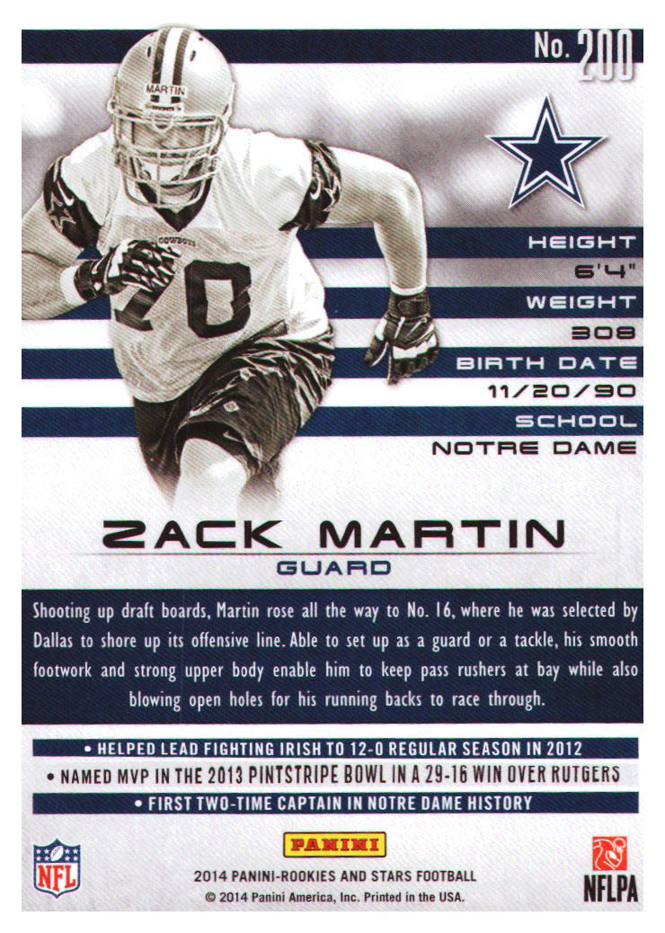 2014 Rookies and Stars #200 Zack Martin RC back image