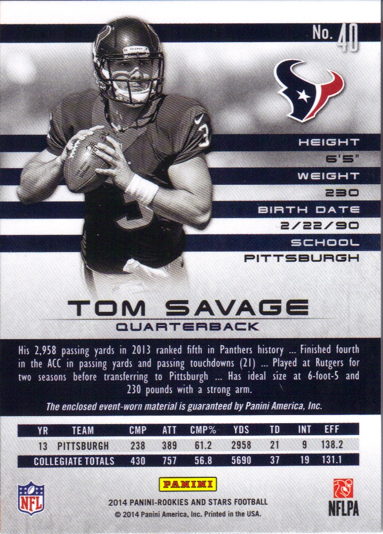 2014 Rookies and Stars Rookie Materials #RMTS Tom Savage back image