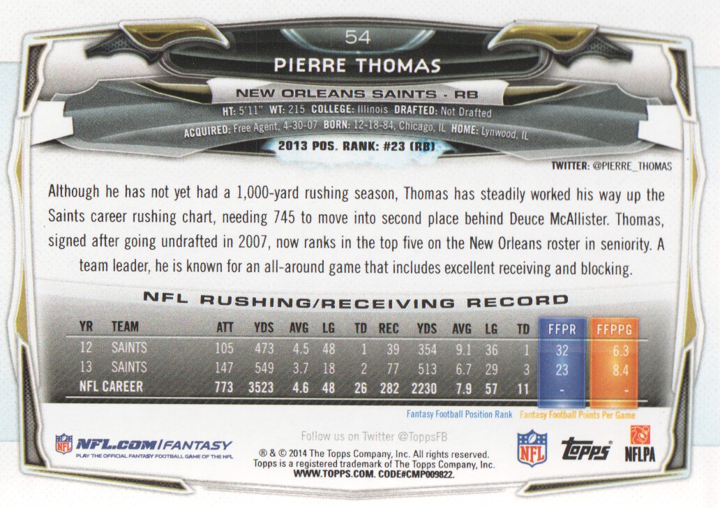 2014 Topps #54A Pierre Thomas back image