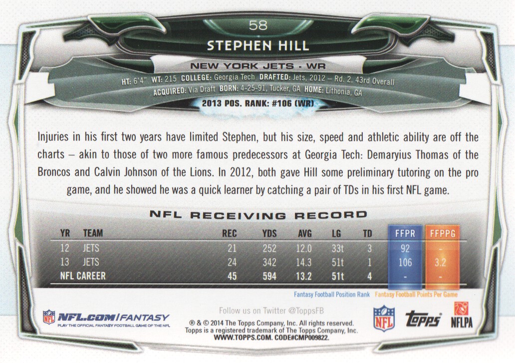 2014 Topps #58A Stephen Hill back image