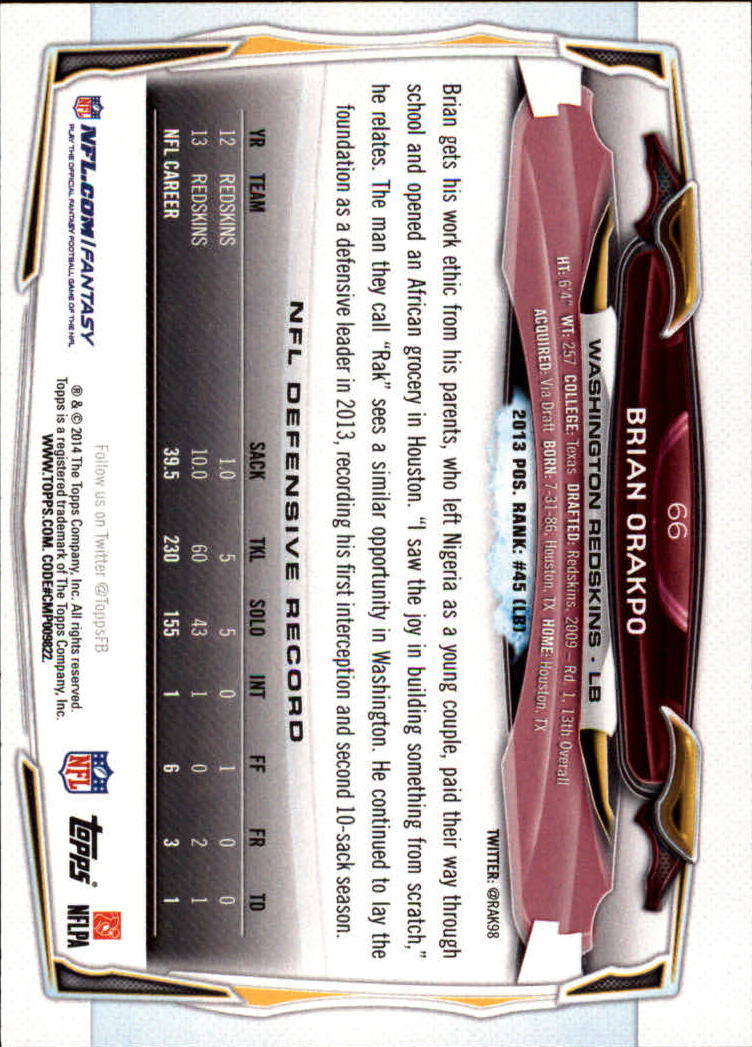 2014 Topps #66A Brian Orakpo back image