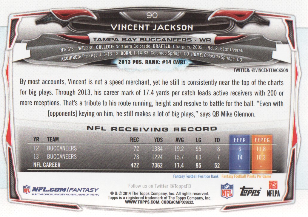 2014 Topps #90 Vincent Jackson back image