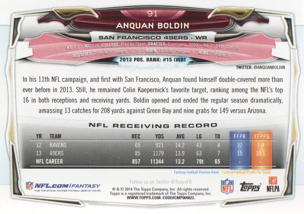 2014 Topps #91 Anquan Boldin back image
