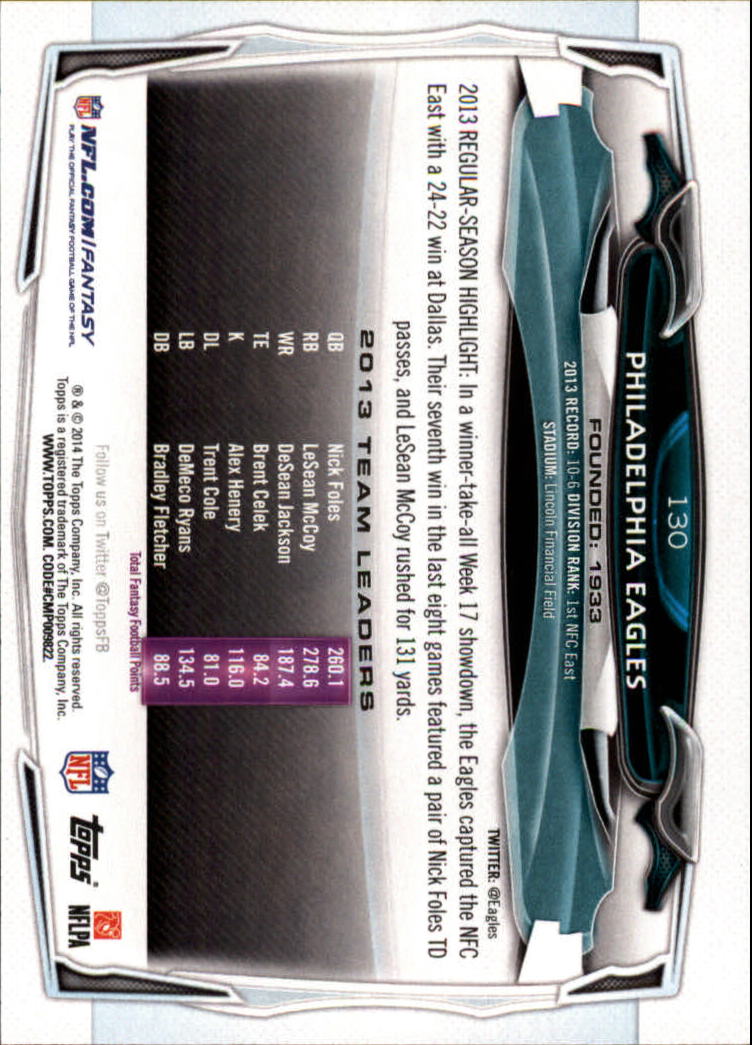 2014 Topps #130 Philadelphia Eagles/Riley Cooper/Zach Ertz back image