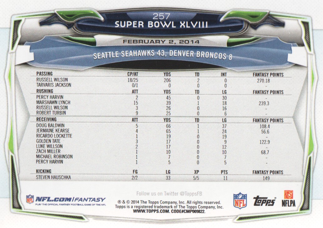 2014 Topps #257 Seahawks Super Bowl/Russell Wilson/Jeremy Lane/Robert Turbin back image