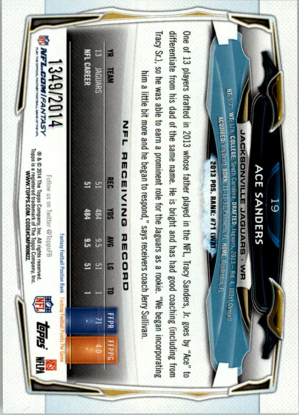 2014 Topps Gold #19 Ace Sanders back image