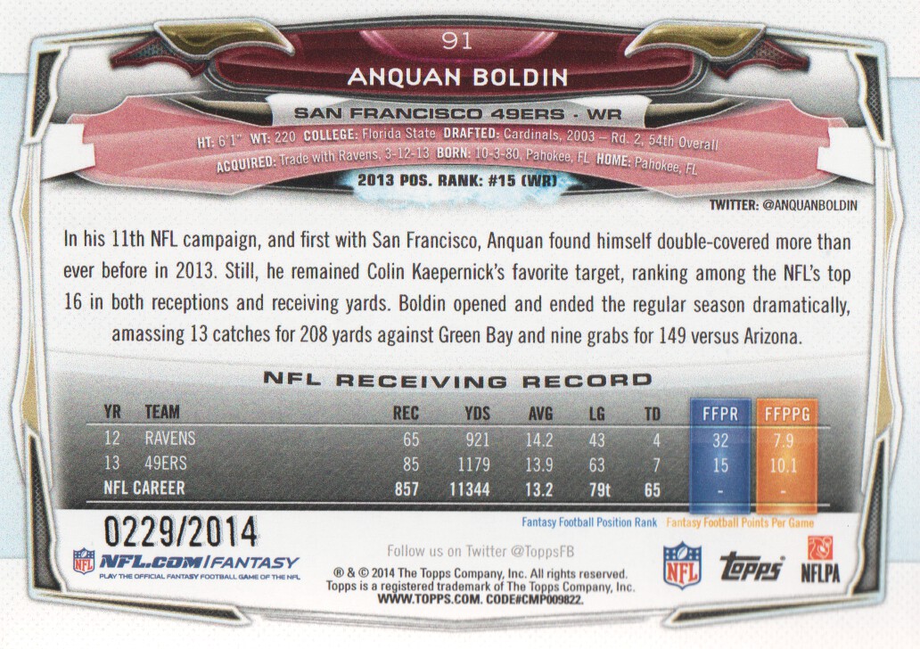 2014 Topps Gold #91 Anquan Boldin back image