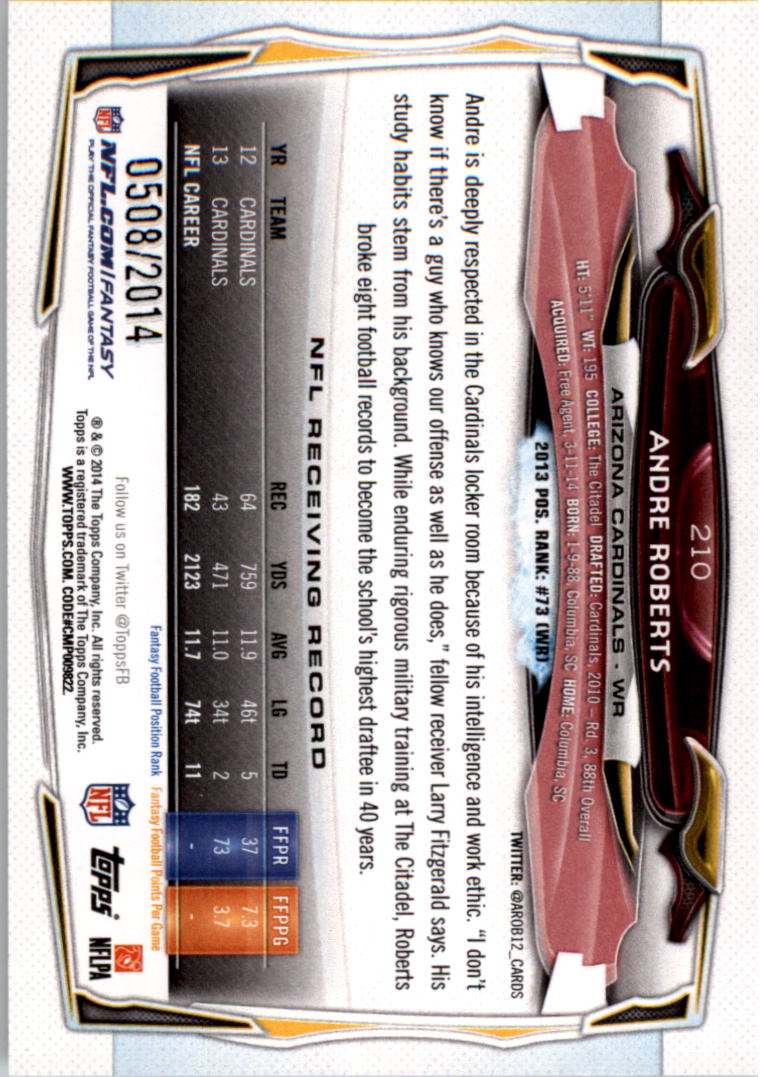 2014 Topps Gold #210 Andre Roberts back image