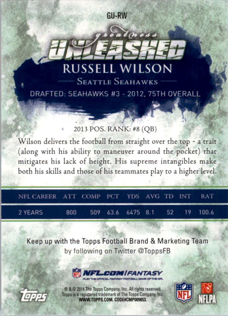 2014 Topps Greatness Unleashed #GURW Russell Wilson back image
