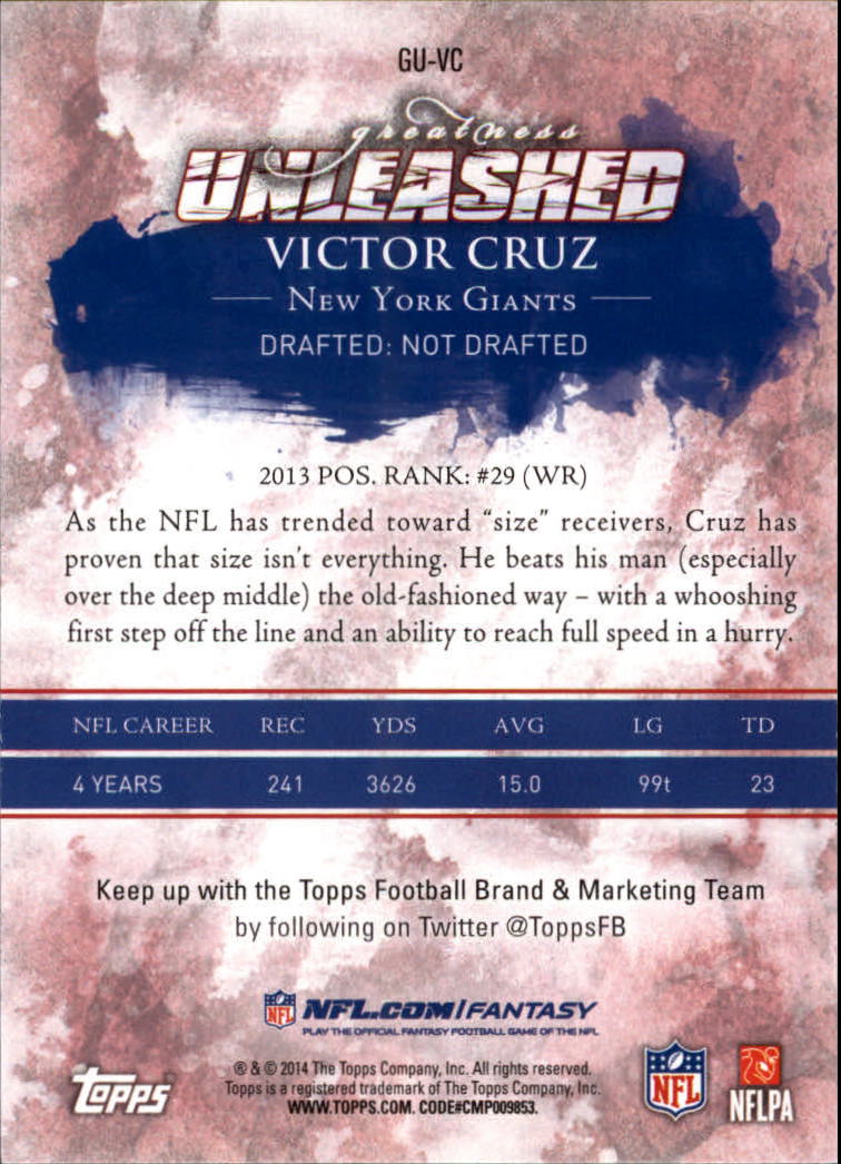 2014 Topps Greatness Unleashed #GUVC Victor Cruz back image