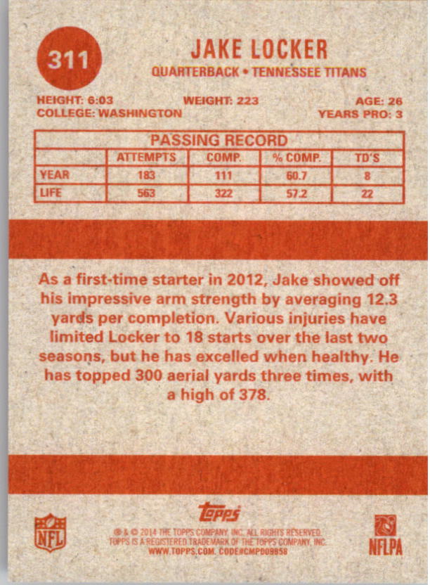2014 Topps 1963 Mini #311 Jake Locker back image