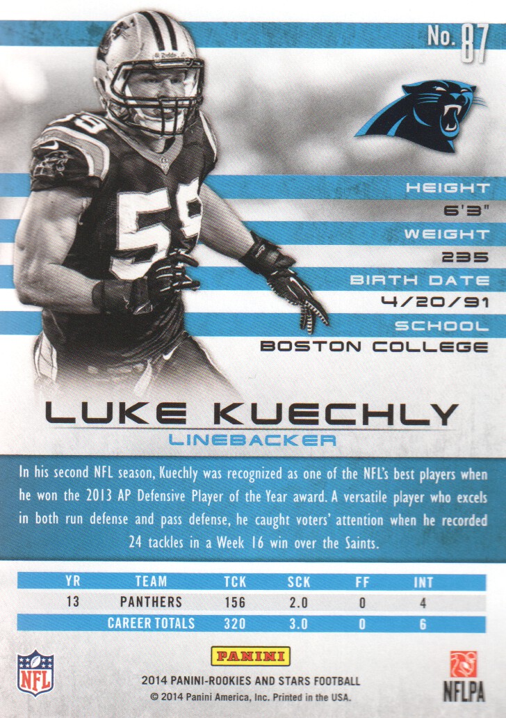 2014 Rookies and Stars Longevity Parallel #87 Luke Kuechly back image