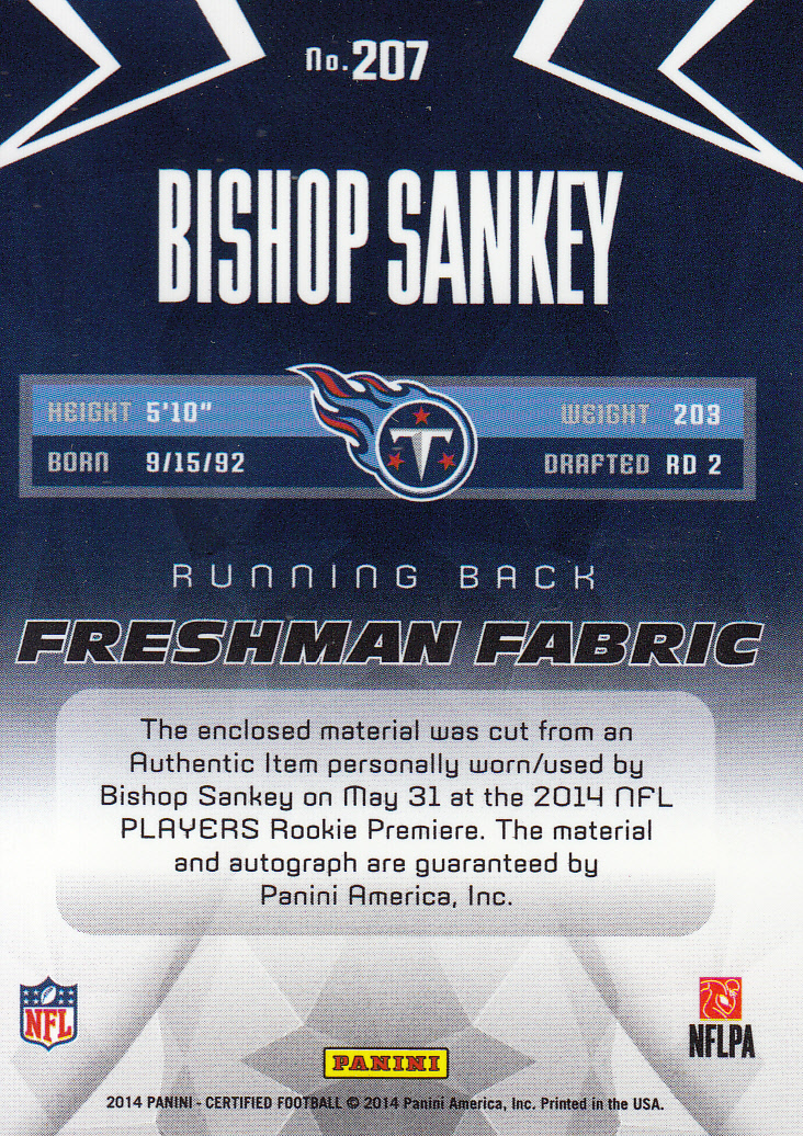 2014 Certified #207 Bishop Sankey JSY AU/699 RC back image