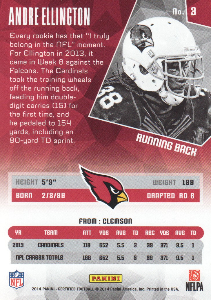 2014 Certified Red #3 Andre Ellington back image
