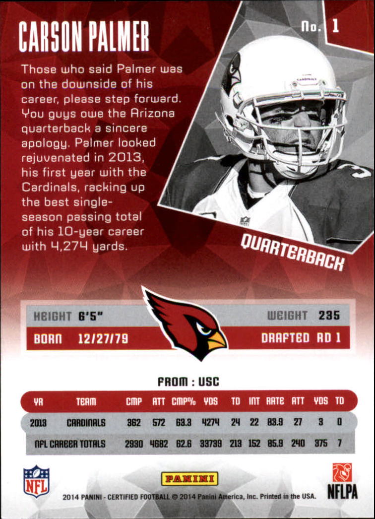 2014 Certified Camo Red #1 Carson Palmer back image