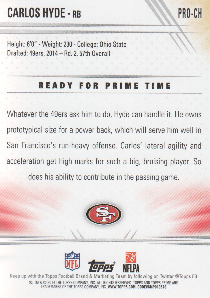 2014 Topps Prime Primed Rookies #PROCH Carlos Hyde back image