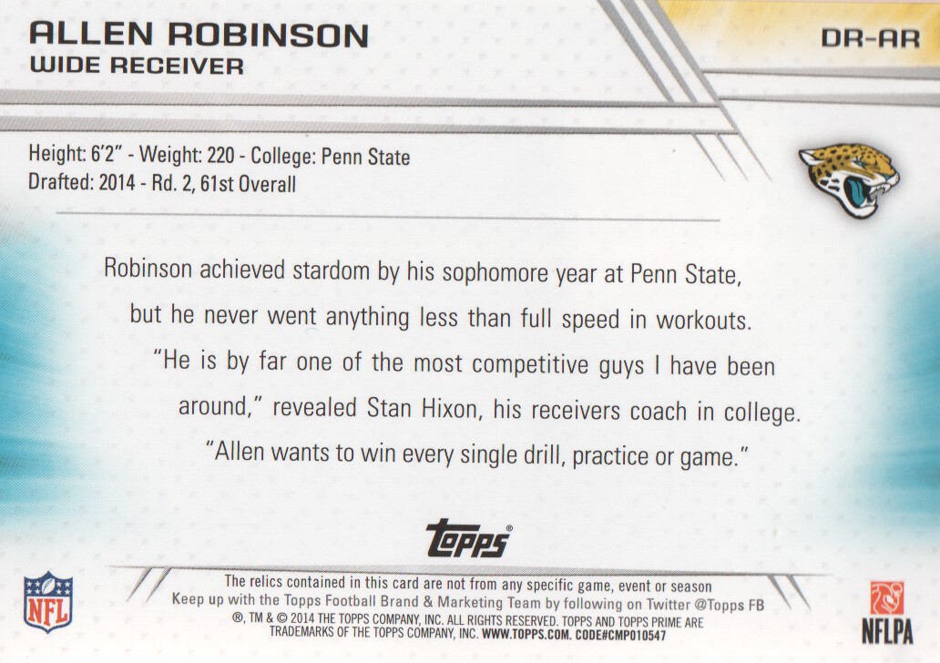 2014 Topps Prime Dual Relics #DRAR Allen Robinson
