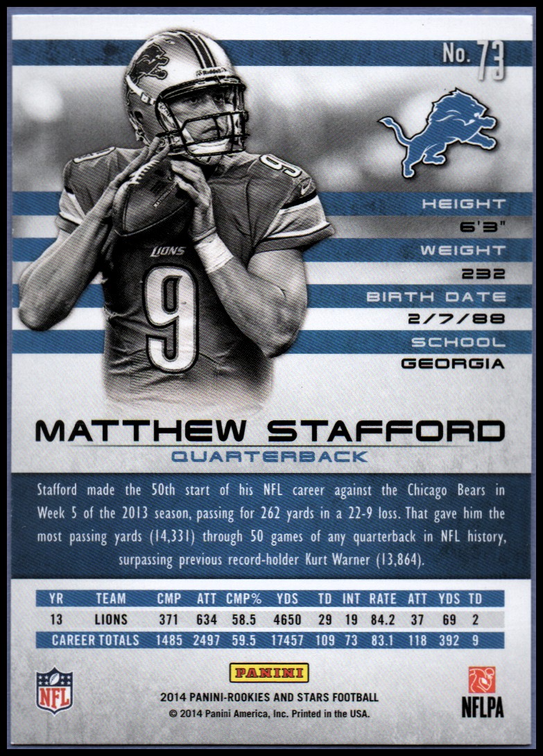 2014 Rookies and Stars Longevity #73 Matthew Stafford back image