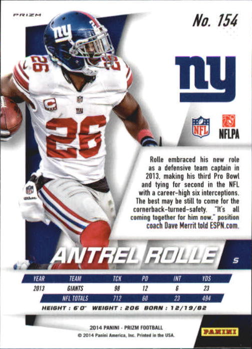 2014 Panini Prizm Prizms Red White and Blue #154 Antrel Rolle back image