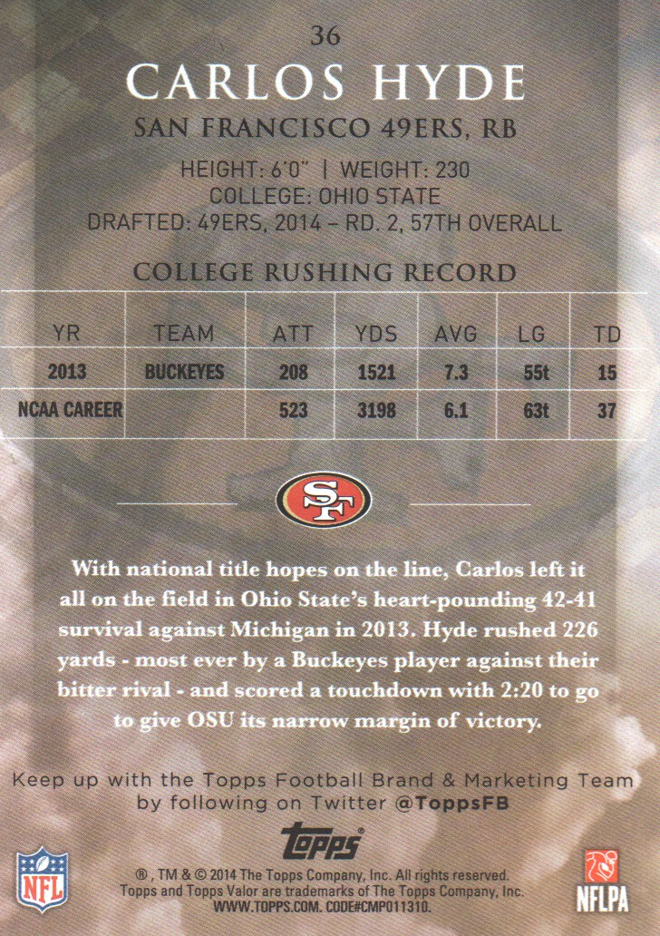 2014 Topps Valor #36 Carlos Hyde RC back image