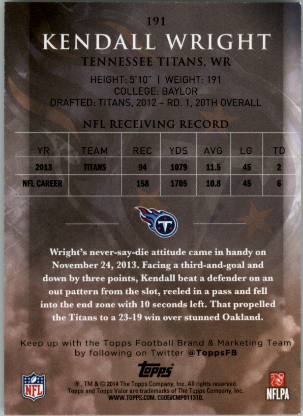 2014 Topps Valor Valor #191 Kendall Wright back image