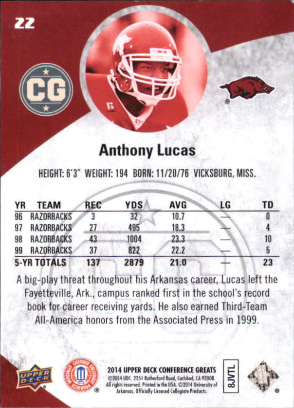 2014 Upper Deck Conference Greats #22 Anthony Lucas back image