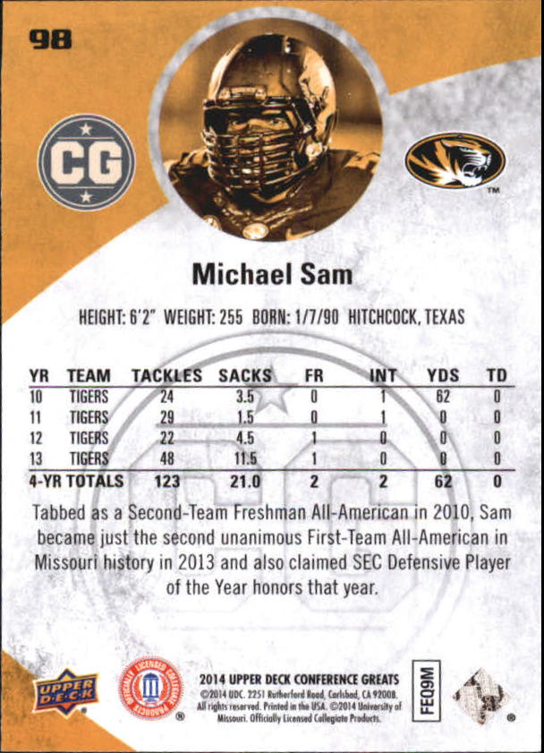 2014 Upper Deck Conference Greats #98 Michael Sam back image