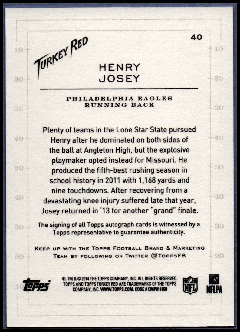 2014 Topps Turkey Red Autographs #40 Henry Josey back image