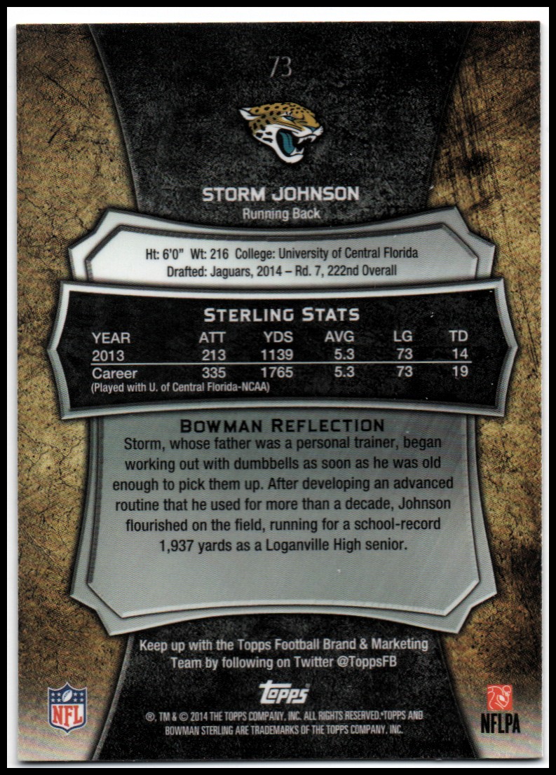 2014 Bowman Sterling #73 Storm Johnson RC back image