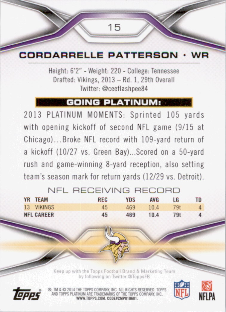 2014 Topps Platinum #15 Cordarrelle Patterson back image
