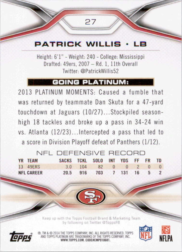 2014 Topps Platinum #27 Patrick Willis back image