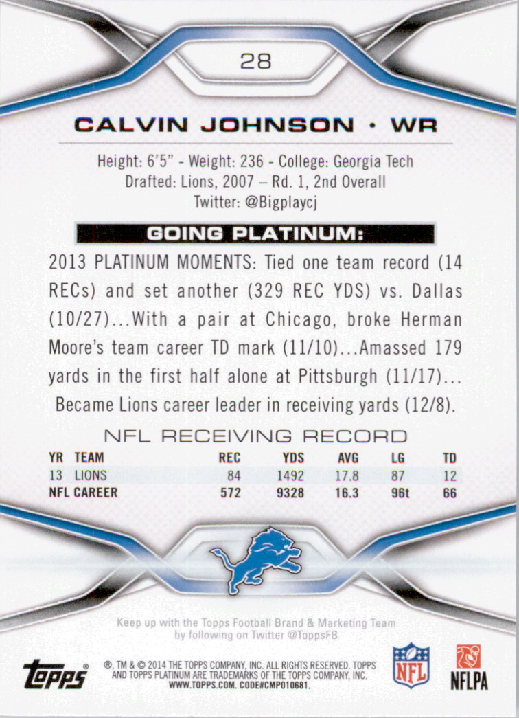 2014 Topps Platinum #28 Calvin Johnson back image