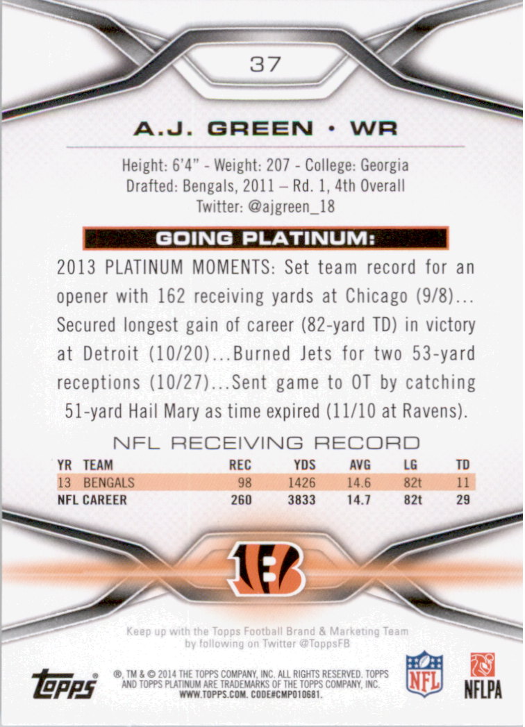 2014 Topps Platinum #37 A.J. Green back image