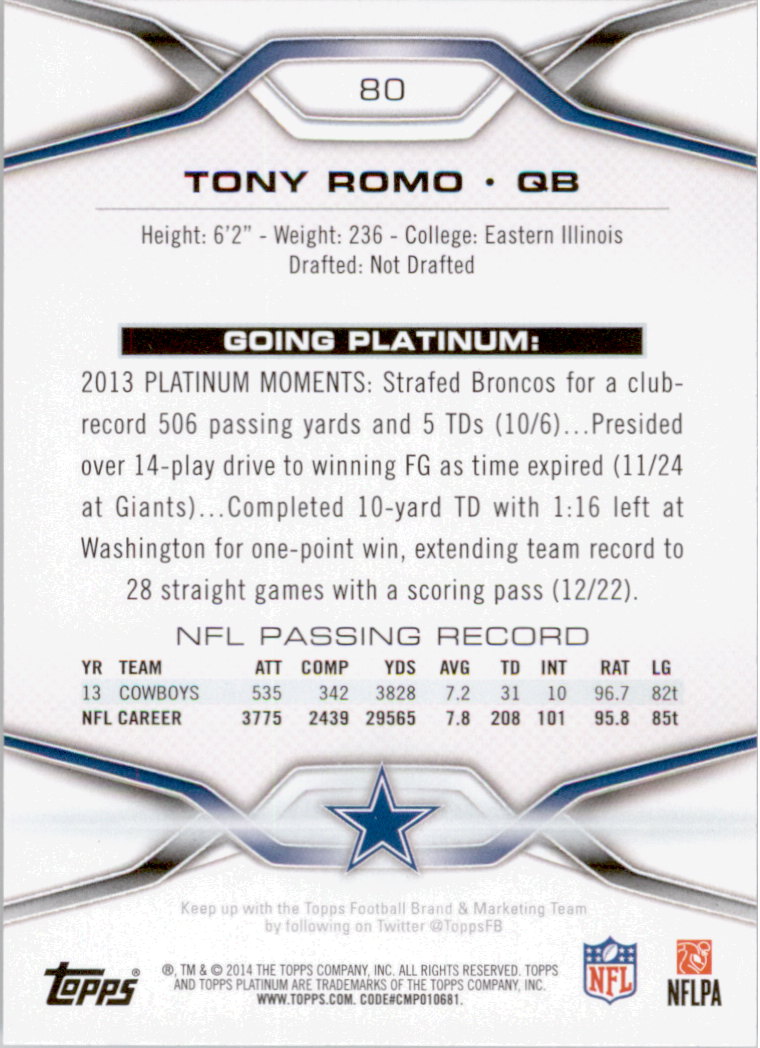 2014 Topps Platinum #80 Tony Romo back image