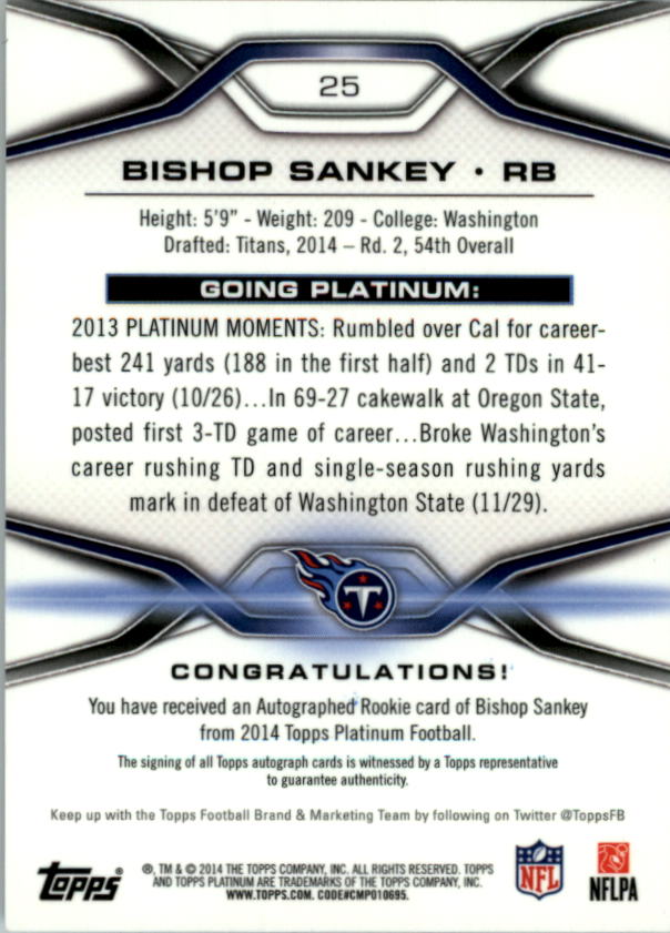 2014 Topps Platinum Autographs Blue Refractors #25 Bishop Sankey back image