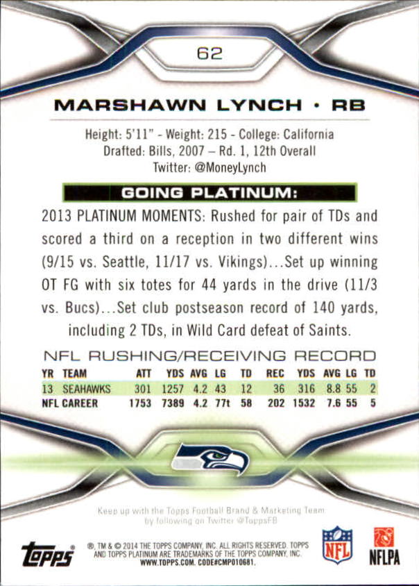 2014 Topps Platinum Blue Wave Refractors #62 Marshawn Lynch back image