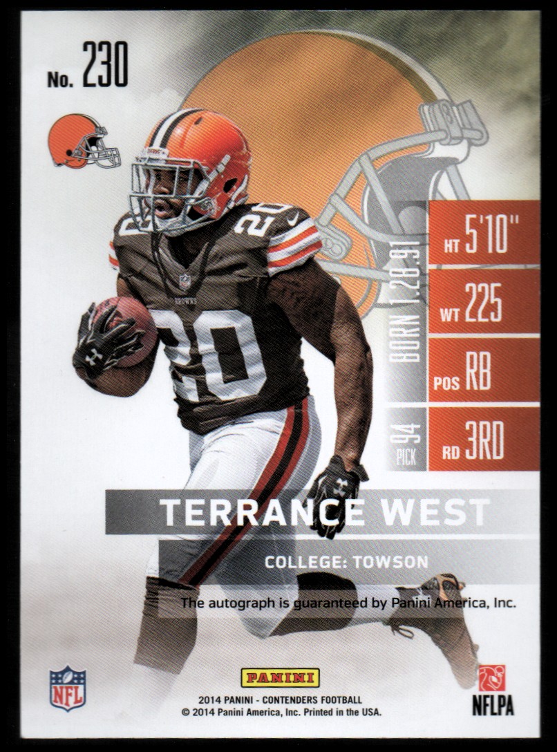 2014 Panini Contenders #230A Terrance West AU RC/(ball in right arm) back image
