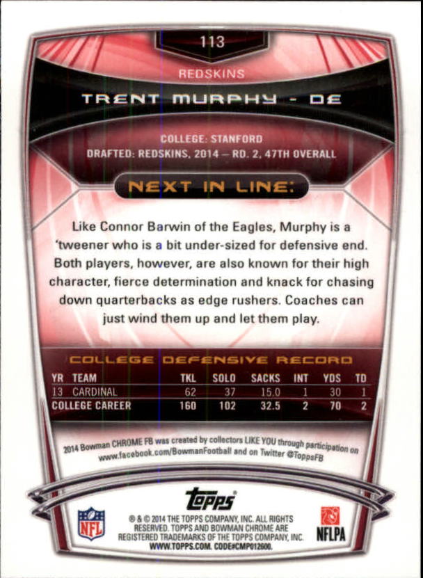 2014 Bowman Chrome #113 Trent Murphy RC back image