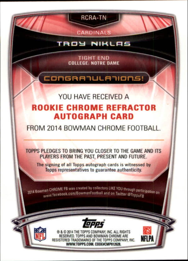 2014 Bowman Chrome Rookie Autographs Refractors #RCRATN Troy Niklas back image