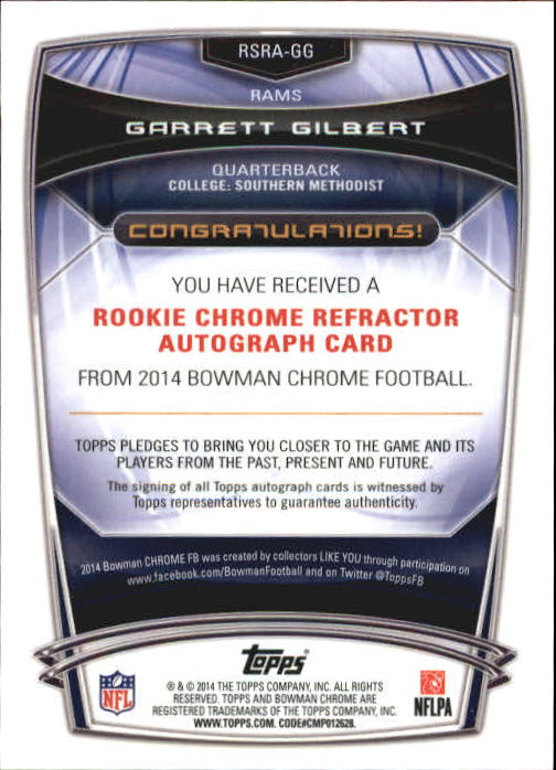 2014 Bowman Chrome Rookie Autographs Refractors #RSRAGG Garrett Gilbert back image