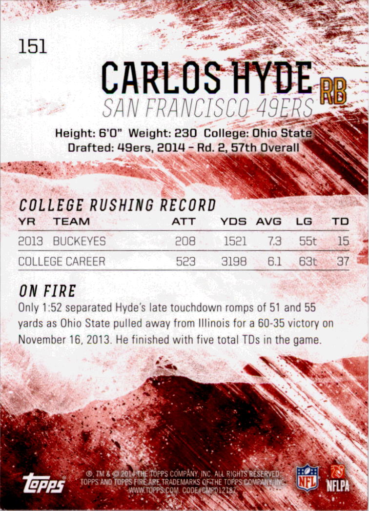 2014 Topps Fire #151 Carlos Hyde RC back image
