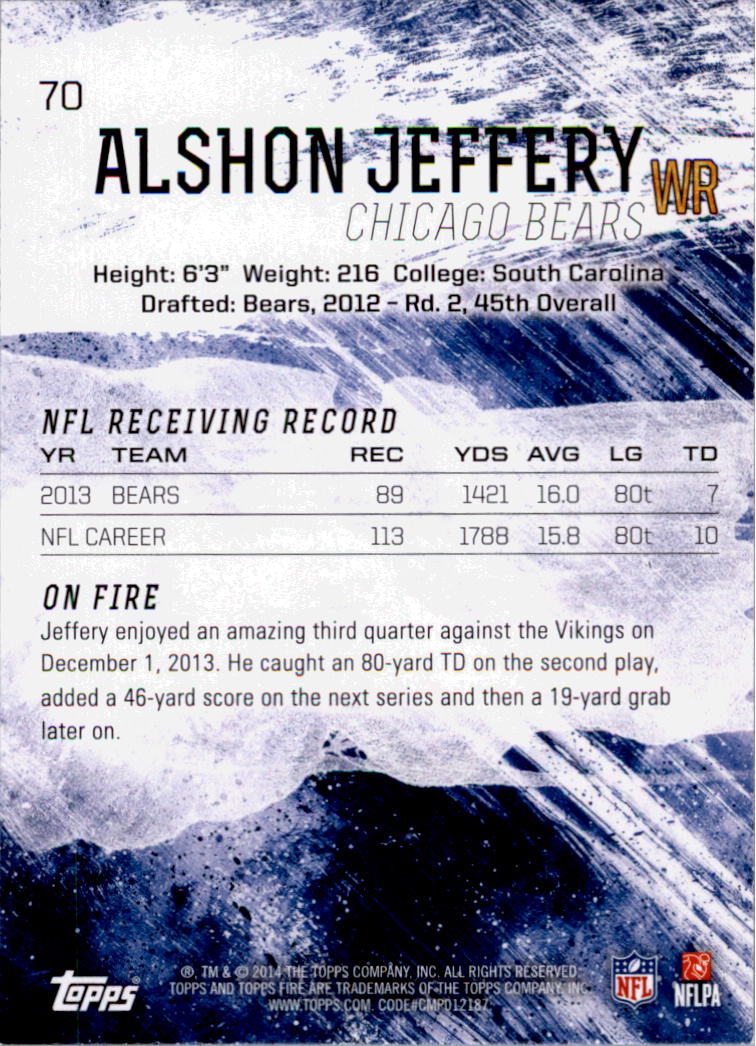 2014 Topps Fire Flame #70 Alshon Jeffery back image