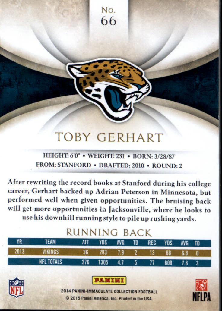 2014 Immaculate Collection #66 Toby Gerhart back image