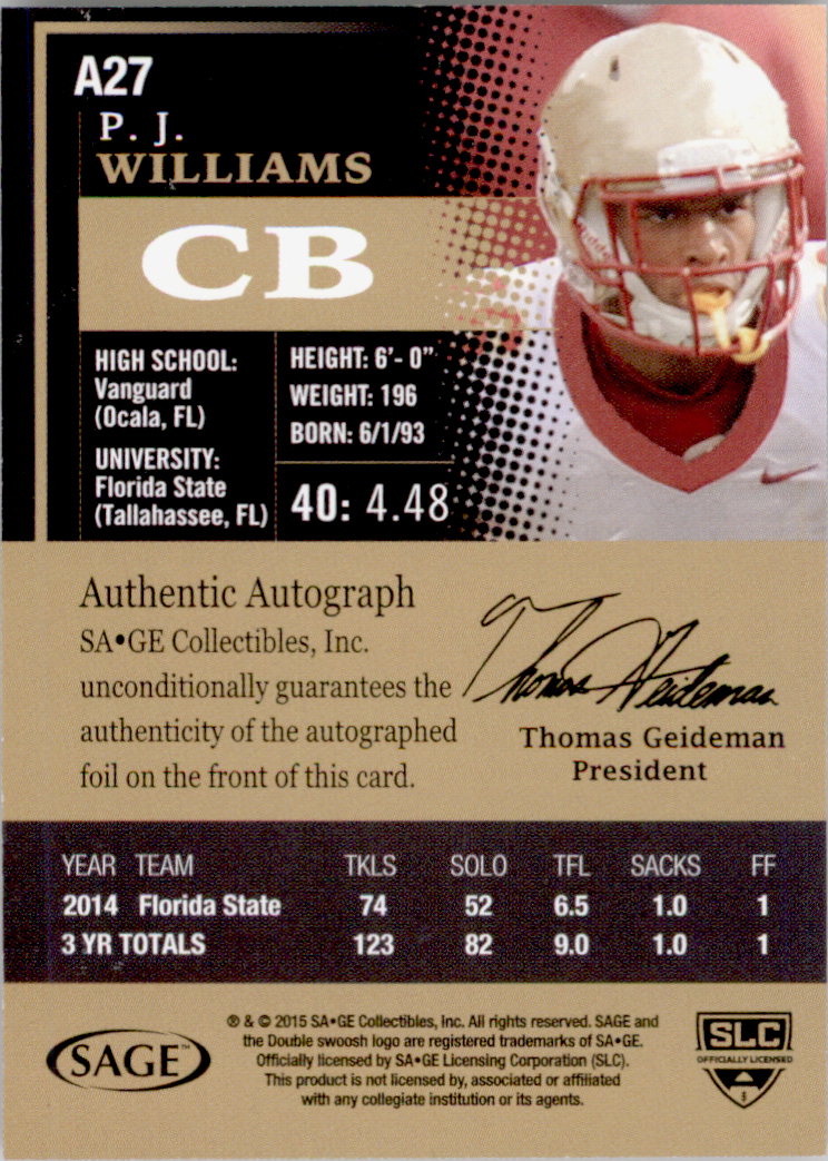 2015 SAGE HIT Autographs #A27 P.J. Williams back image