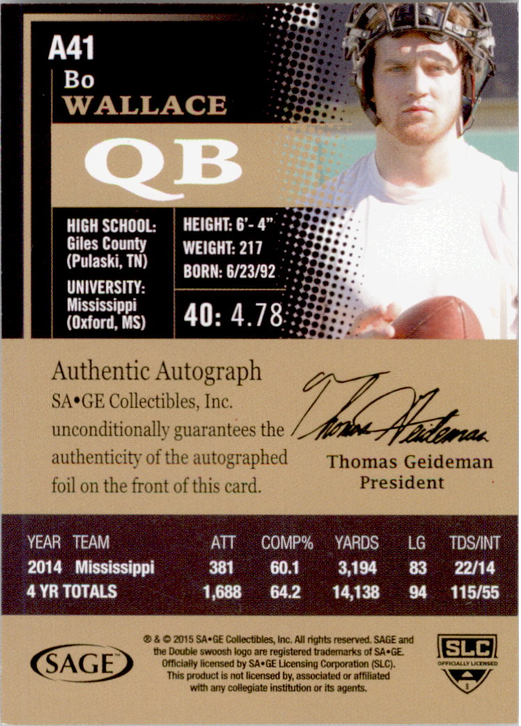 2015 SAGE HIT Autographs Black #A41 Bo Wallace back image