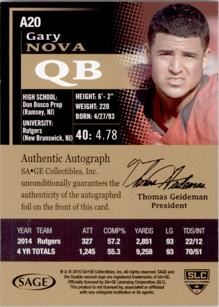 2015 SAGE HIT Autographs Gold #A20 Gary Nova back image