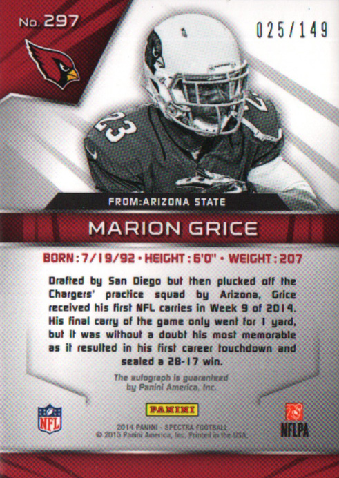 2014 Panini Spectra #297 Marion Grice AU RC back image