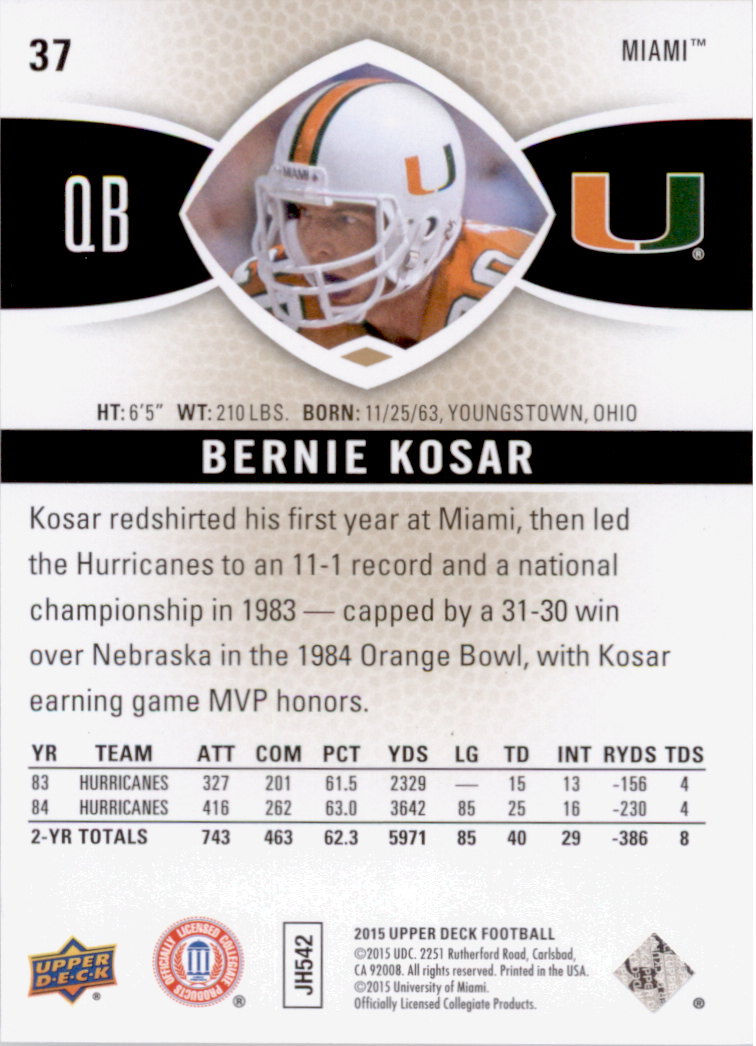 2015 Upper Deck #37 Bernie Kosar back image