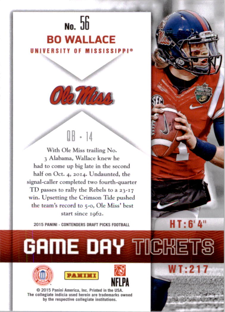 2015 Panini Contenders Draft Picks Game Day Tickets #56 Bo Wallace back image