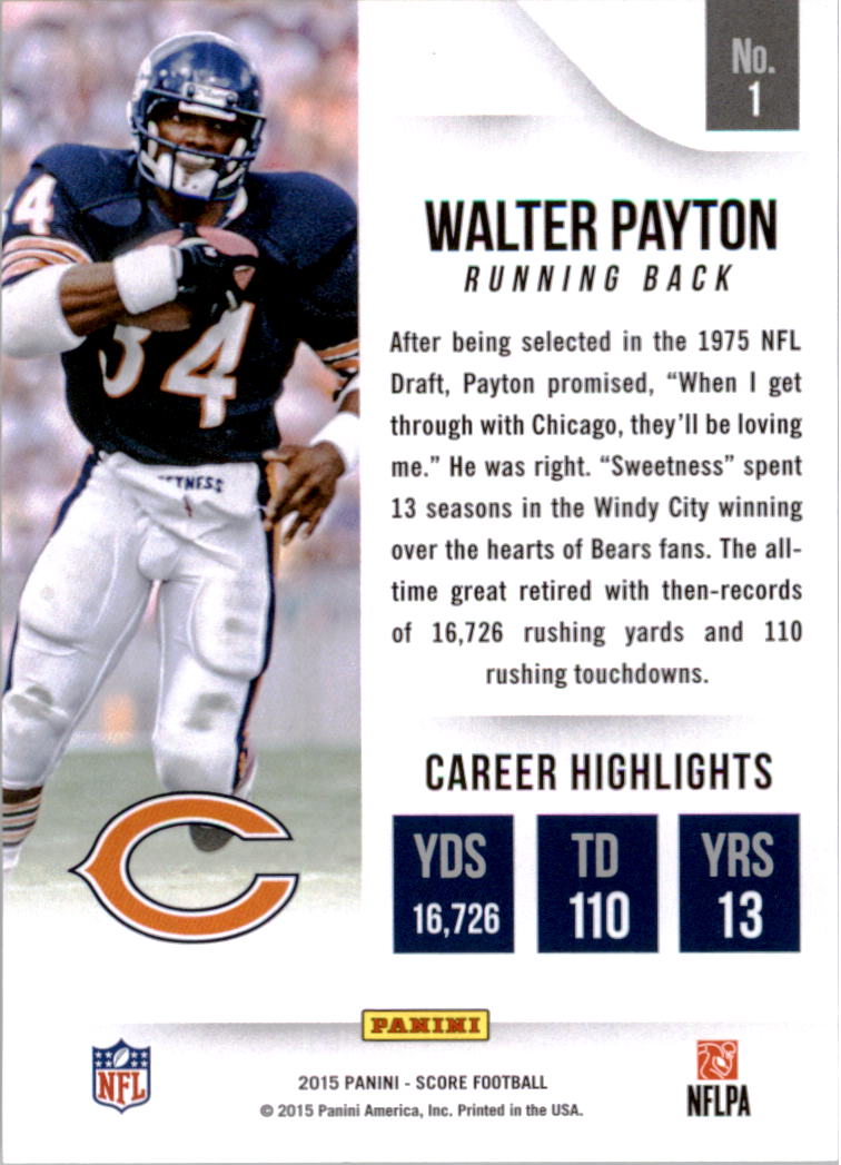 2015 Score All-Time Franchise #1 Walter Payton back image
